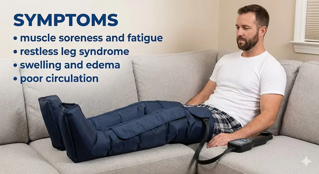 A hyper-realistic, professional product photo of a full-leg air compression massager in use. A person's legs are fully enveloped from thighs to feet in sleek, grey compression sleeves, with visible segmented air chambers wrapping snugly around the knees and calves. The scene is bright, clean, and clinical with soft studio lighting, emphasizing the product's comprehensive design and targeted knee support. The mood is therapeutic, advanced, and efficient.

